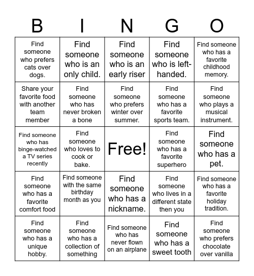 Service Team Meet and Greet Bingo Card