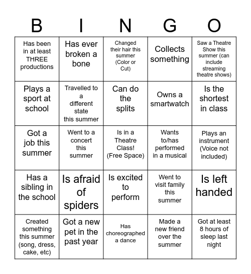 Get to Know You THEATRE Bingo Card