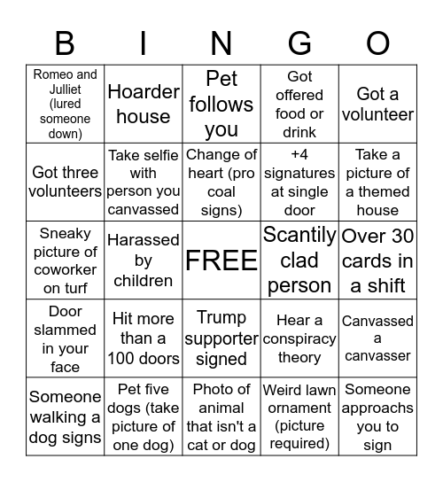 Canvasser Bingo Card