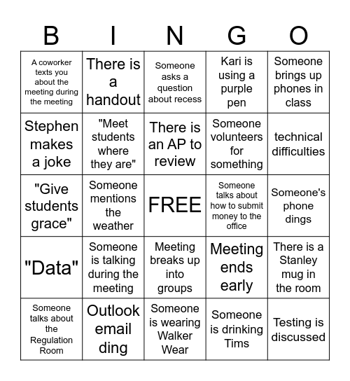 Teacher Staff Meeting Bingo Card