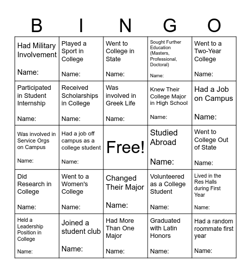 First/Second Year College Bingo Card