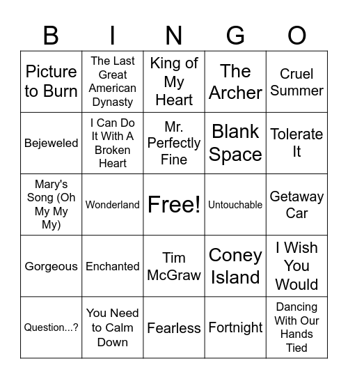 Name that Taylor Swift Song Bingo Card