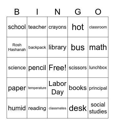 August & September Vocabulary Words Bingo Card