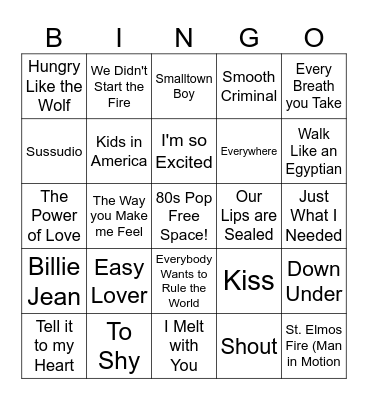 80s Pop Bingo Card