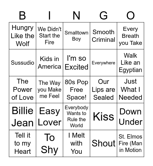 80s Pop Bingo Card