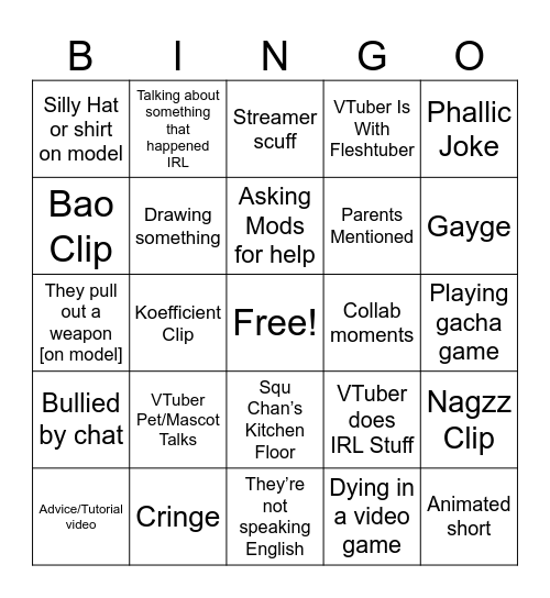 YouTube Shorts VTuber Bingo Card