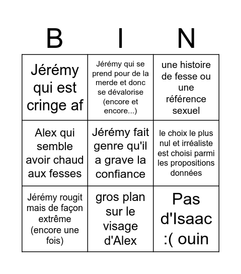 Les aventures de Jérémy Bingo Card