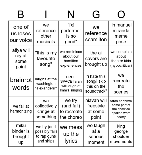 hamilton night bingo Card