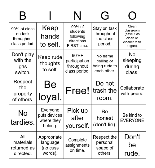 1st 6 weeks 2024-2025 Class Behavior BINGO Card