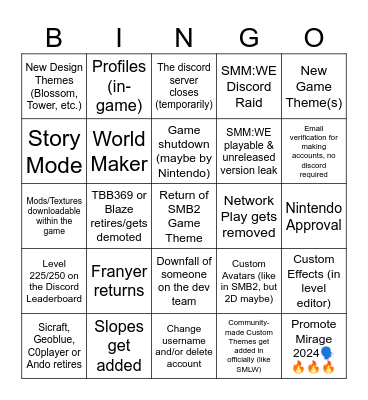 Mirage's SMM:WE 2025 Bingo Card