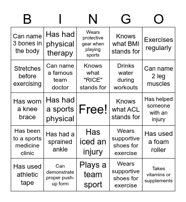 First Day of Sports Medicine Bingo Card