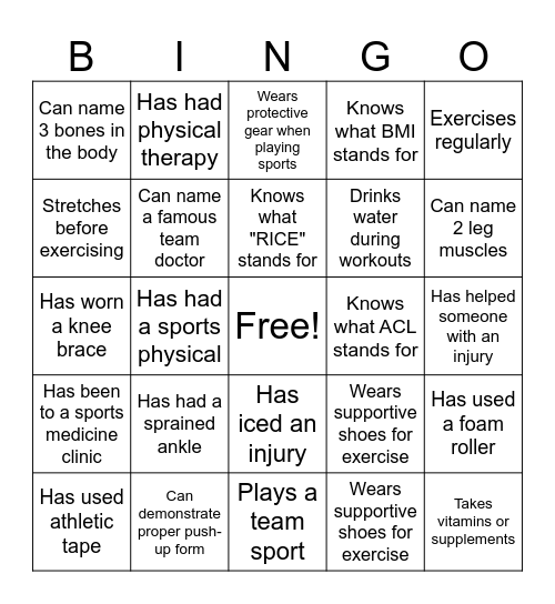 First Day of Sports Medicine Bingo Card