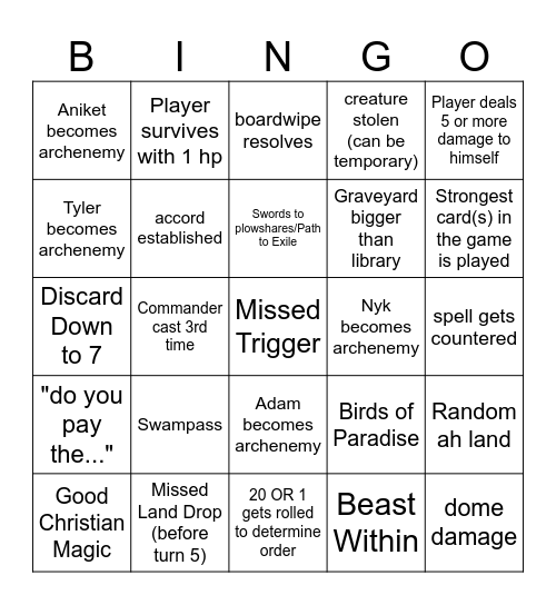 Commander Night Bingo Card