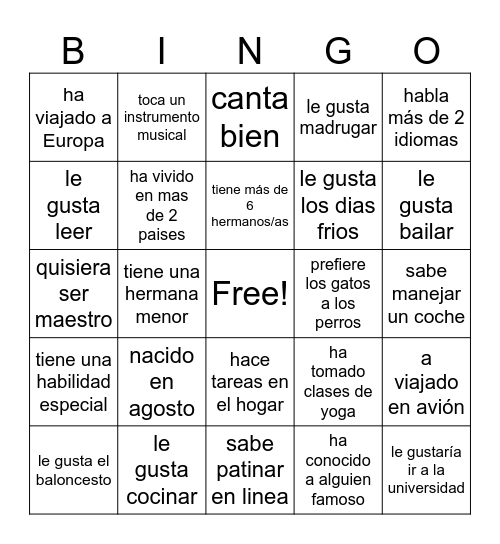 Que tenemos en común? Bingo Card