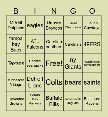 Football Teams Bingo Card