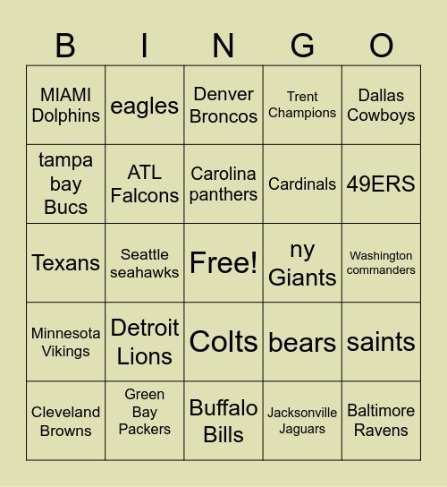 Football Teams Bingo Card
