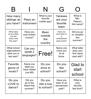 Beginning of School Bingo Card