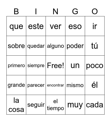 Most Common Spanish Words Bingo Card