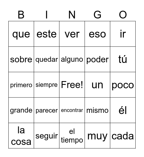 Most Common Spanish Words Bingo Card