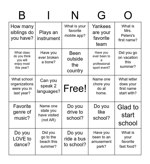 Beginning of School Bingo Card