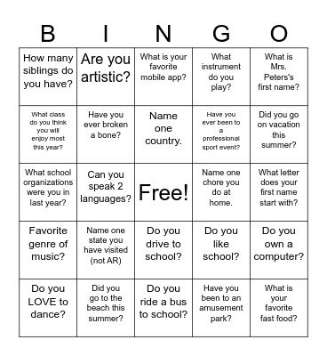 Beginning of School Bingo Card