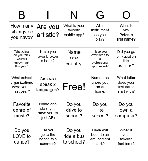 Beginning of School Bingo Card