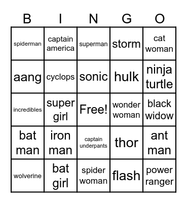 superhero Bingo Card