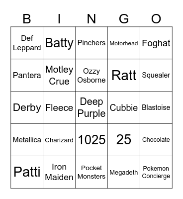 80s Rock, Beanie Babies, & Pokemon Bingo Card