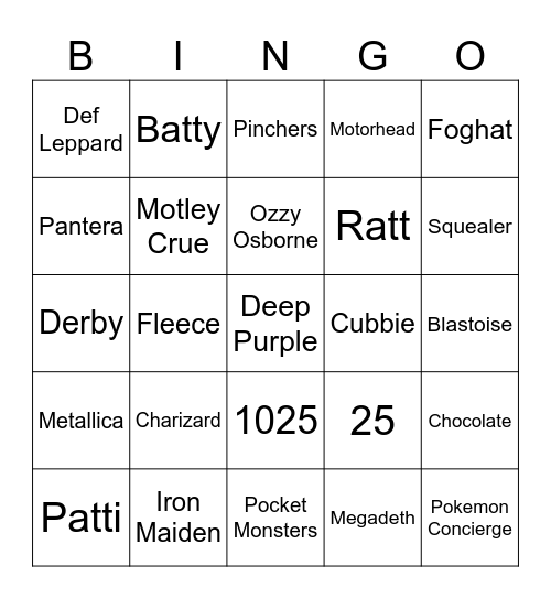 80s Rock, Beanie Babies, & Pokemon Bingo Card