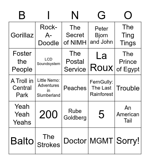 Indie Sleaze, 2D Animation, & Board Games Bingo Card