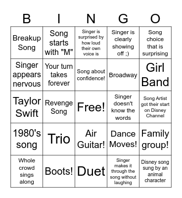 Karaoke Bingo Card