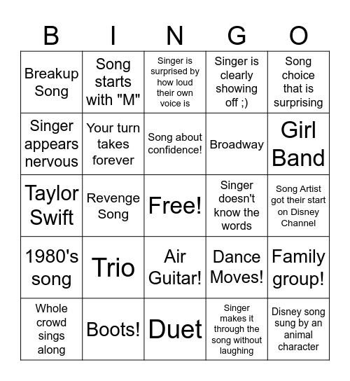 Karaoke Bingo Card