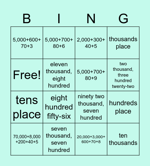 Place Value Bingo Card