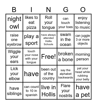 Get to Know you Bingo Card