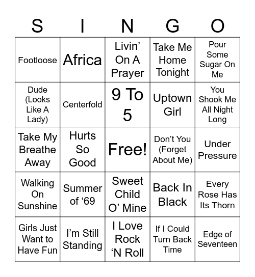 Classic 80's Rock Bingo Card