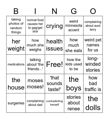 Mom superfun visit time bingo! Bingo Card