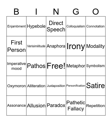 Literary Devices Bingo Card
