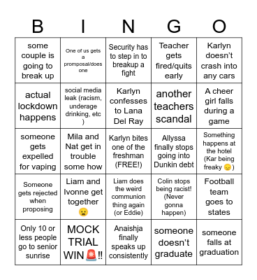 Senior Year Suspicions Bingo Card