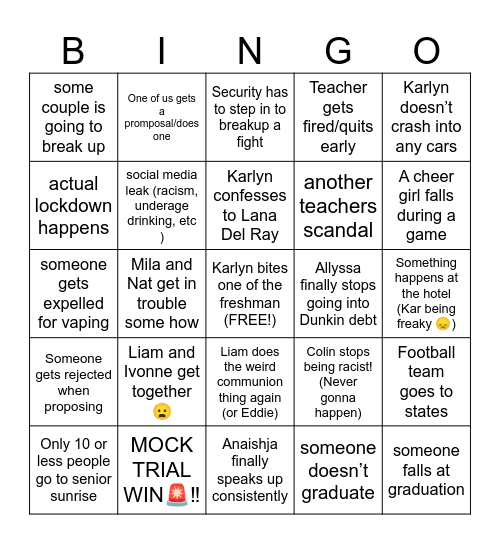 Senior Year Suspicions Bingo Card