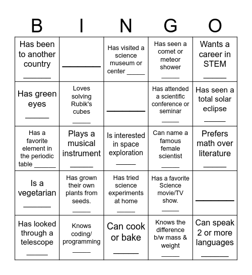 Human Scavenger Hunt Bingo Card