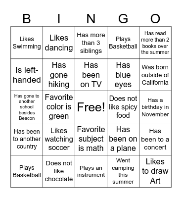 Get to Know Your Class Bingo Card