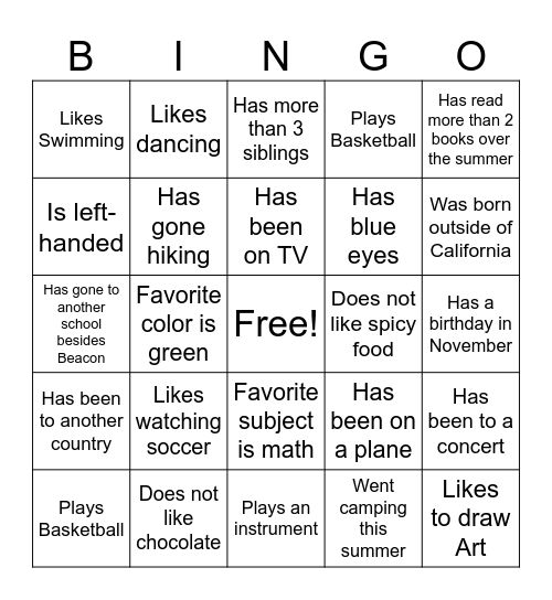 Get to Know Your Class Bingo Card