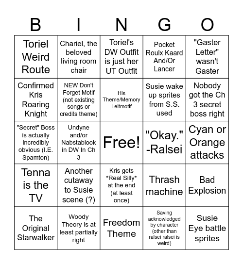 Deltarune Chapters 3+4 Bingo Card