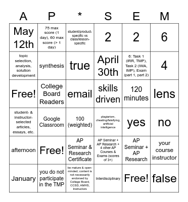 AP Seminar Syllabus Review Bingo Card