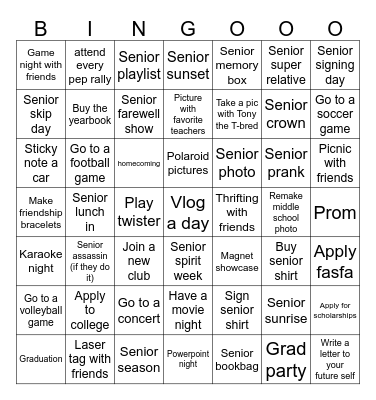 Senior Year 2025 Bingo Card