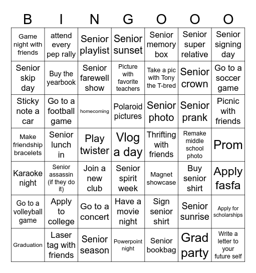 Senior Year 2025 Bingo Card