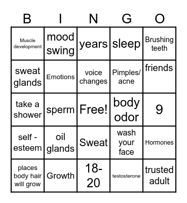 Puberty Bingo Card