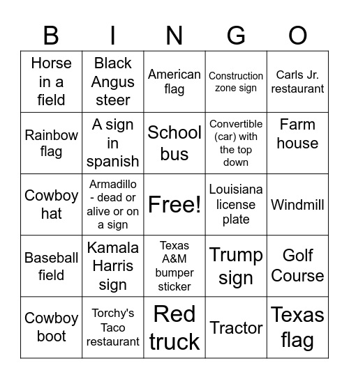 Texas trip bingo Card