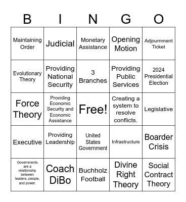 US Government Adjournment Ticket #2 Bingo Card