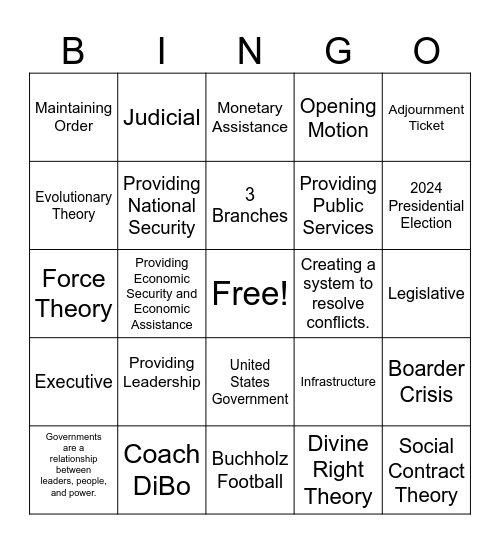 US Government Adjournment Ticket #2 Bingo Card